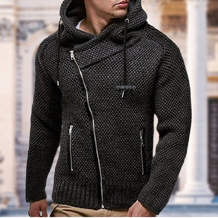 Men's Oblique Zipper Slim-fit Long-sleeved Black With Extra Lining Sweater