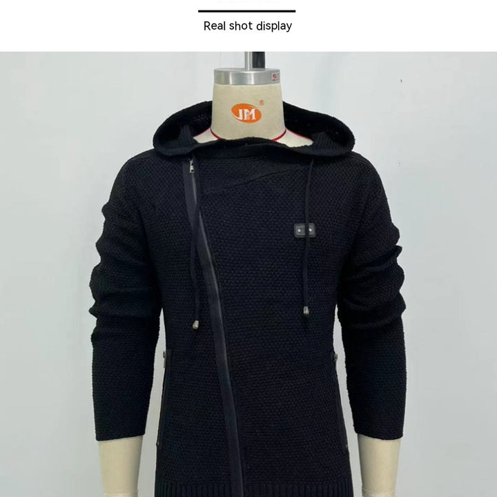 Men's Oblique Zipper Slim-fit Long-sleeved Black With Extra Lining Sweater