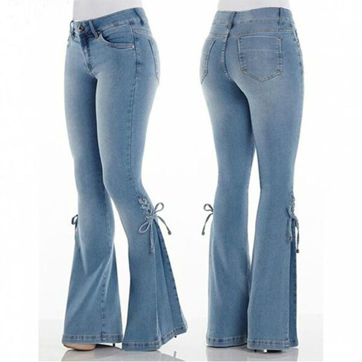 Ladies Flared Jeans with bow - Mid-waisted stretch denim