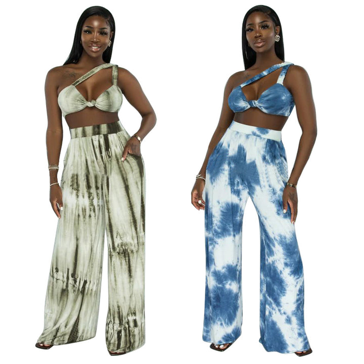 Tie-dye Print Wide Leg Pants Suit Temperament