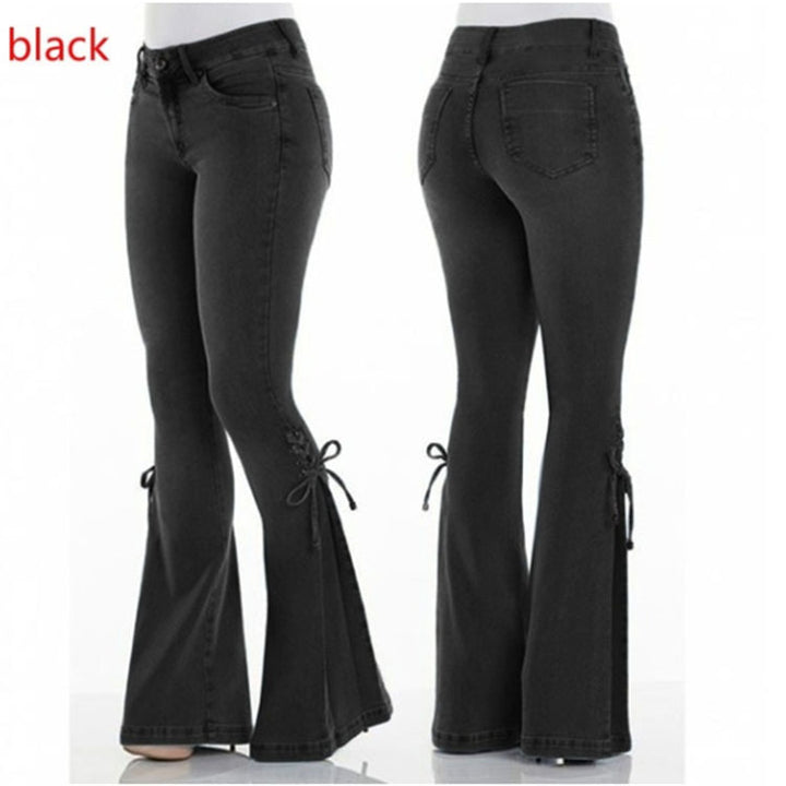 Ladies Flared Jeans with bow - Mid-waisted stretch denim