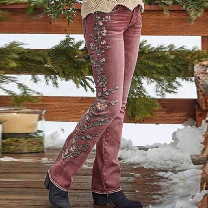Retro style embroidered flare-leg jeans