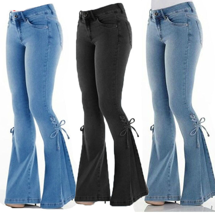 Ladies Flared Jeans with bow - Mid-waisted stretch denim