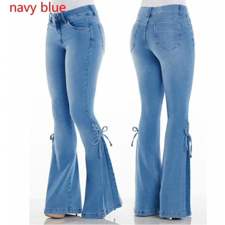 Ladies Flared Jeans with bow - Mid-waisted stretch denim