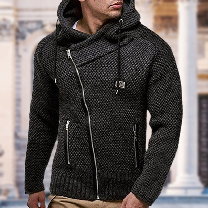 Men's Oblique Zipper Slim-fit Long-sleeved Black With Extra Lining Sweater