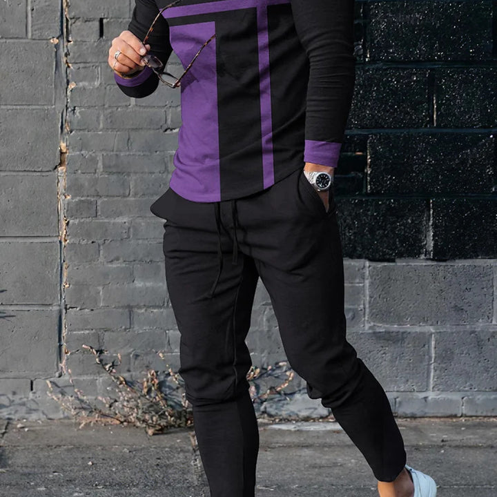 Men's Sports And Leisure Suit Pullover Round Neck Long Sleeves Striped Sweater Two Pieces Suit