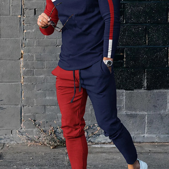 Men's Sports And Leisure Suit Pullover Round Neck Long Sleeves Striped Sweater Two Pieces Suit