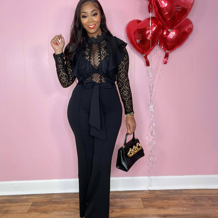 Sexy See-through Lace Stitching Elastic Hip Wide Leg Jumpsuit