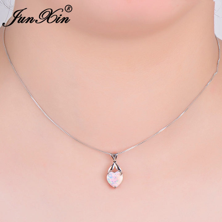 New Romantic White Fire Opal Heart Pendants & Necklaces For Women 925 Sterling Silver Filled Best Bridal Wedding Jewelry